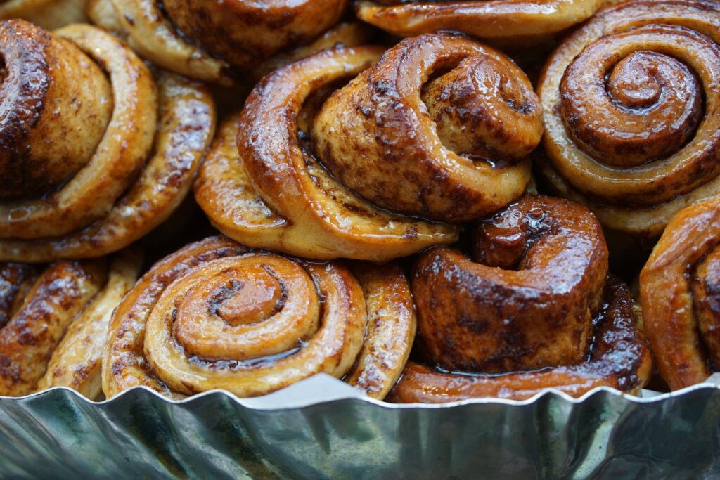 Close up of luscious fresh cinnamon rolls at the market